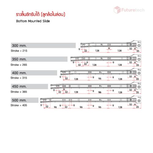 รางลิ้นชักรับใต้ ตอนเดียว (ลูกล้อไนล่อน) - Image 3