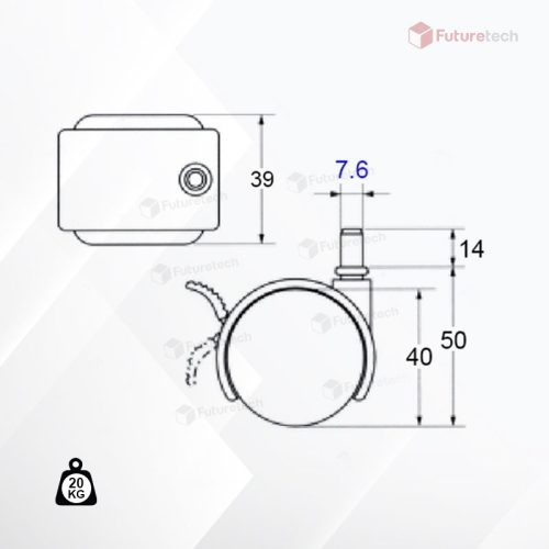 NO.CF1.5V-14L ล้อเดือยมน 1.5" แก้มแบน มีเบรค - Image 2
