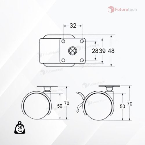 No.CF2G-LN ชุดล้อแป้น 2" แก้มแบน มีเบรค+ไม่มีเบรค - Image 2