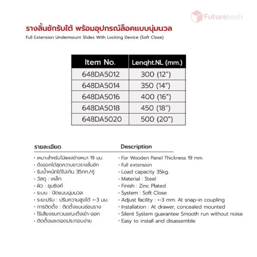 รางลิ้นชักรับใต้ พร้อมอุปกรณ์ล็อค 19mm. - Image 3